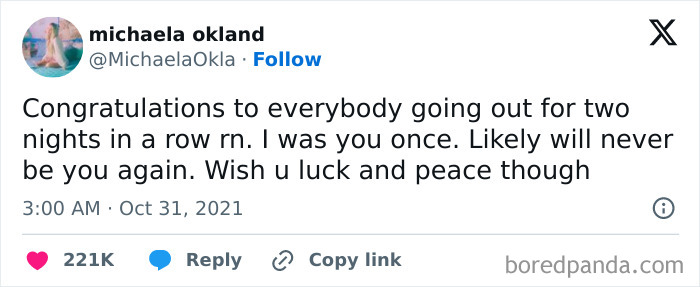 Funny post from Meme Queen Instagram account about going out for two nights in a row.