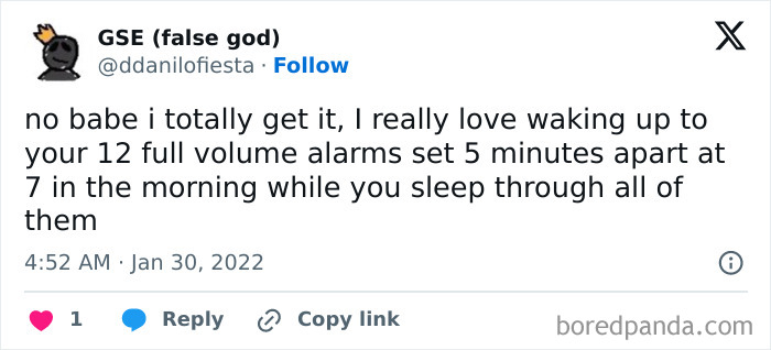 Text post from Meme Queen Instagram about waking up to multiple alarms.