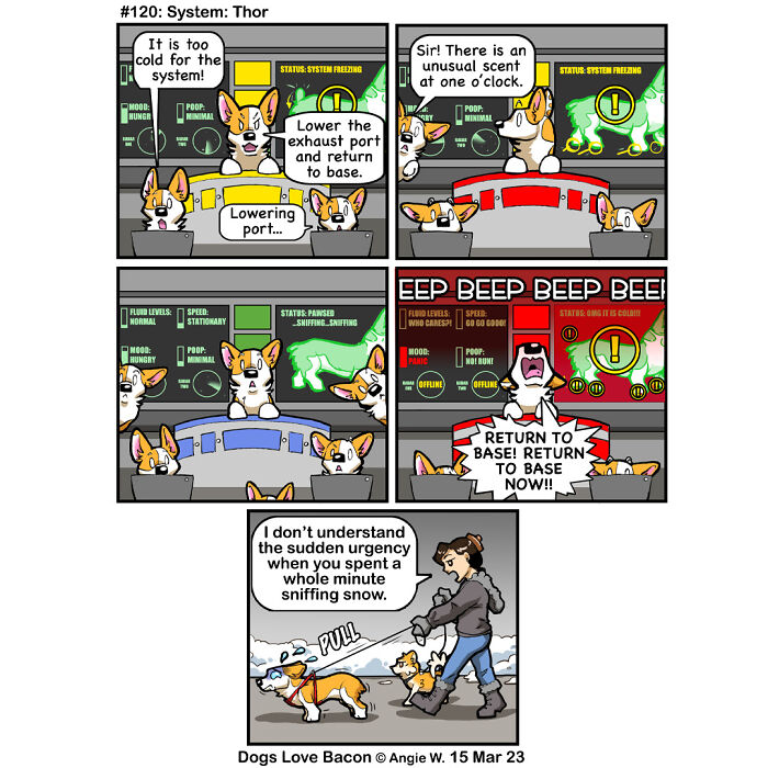 Comic showing funny dog owners’ reality with dogs acting like control systems detecting scents during a snowy walk.