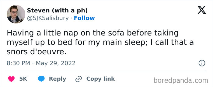 Tweet screenshot showing a humorous meme about taking a nap, related to funny memes to enjoy when not feeling social.