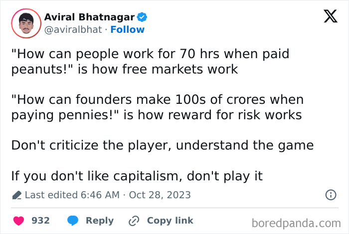 Tweet about free markets and capitalism, reflecting hustle culture themes and the reality of risk and reward.