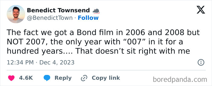 Tweet about the absence of a Bond film in 2007, questioning the logic humorously.