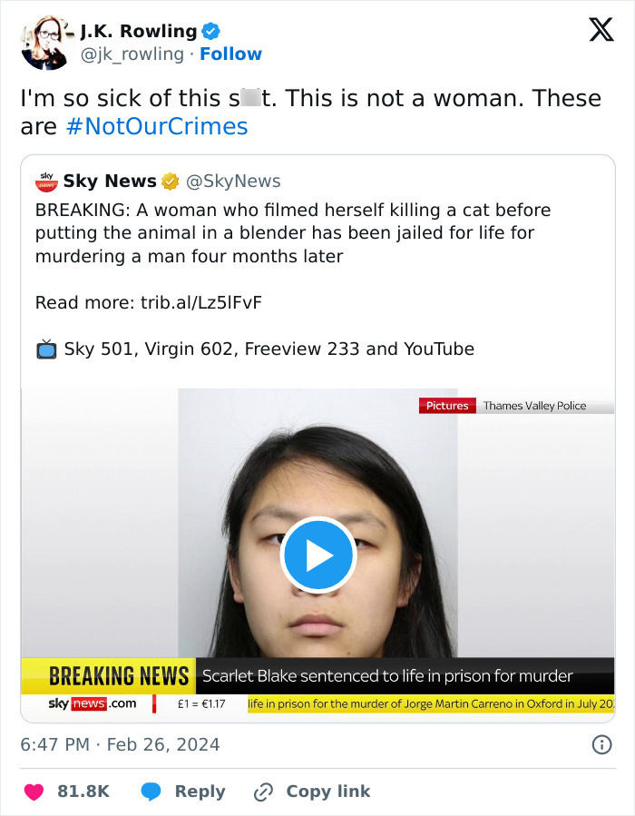 “This Is Not A Woman”: J.K. Rowling Posts Outrage Over News Headlines About Transgender Murderer “This Is Not A Woman”: J.K. Rowling Posts Outrage Over News Headlines About Transgender Murderer