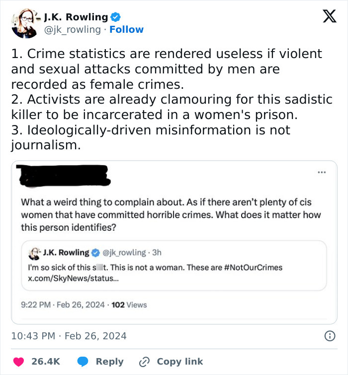 “This Is Not A Woman”: J.K. Rowling Posts Outrage Over News Headlines About Transgender Murderer “This Is Not A Woman”: J.K. Rowling Posts Outrage Over News Headlines About Transgender Murderer