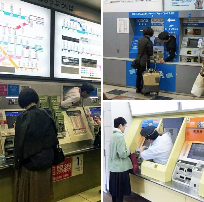 People using train ticket machines with unusual assistance in a Japan station showing unique aspects of Japanese culture.