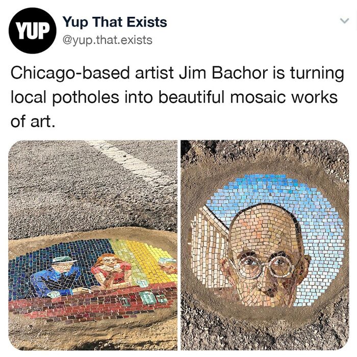 Pothole mosaics by Chicago artist Jim Bachor turning local potholes into unique and weird real mosaic art.