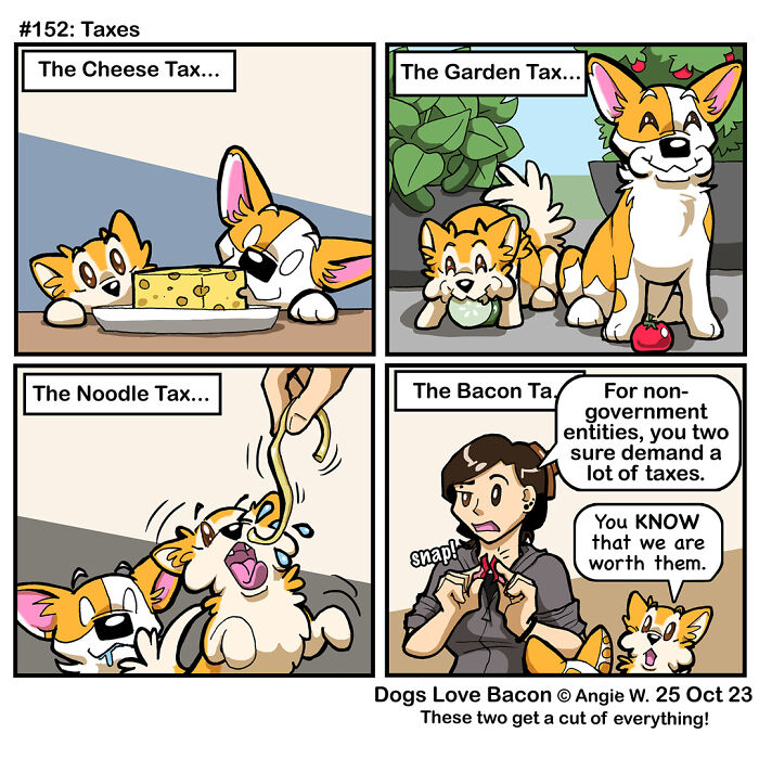 Comic panels showing funny dog owner reality with dogs sneaking cheese, chewing plants, eating noodles, and asking for bacon tax.