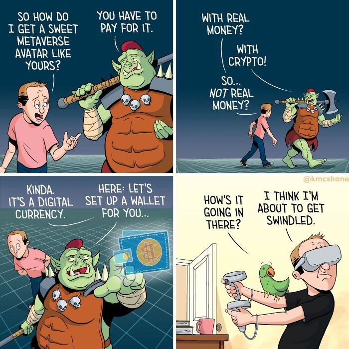 Comic strip depicting humorous digital currency and metaverse avatar interaction with a man using VR headset and crypto wallet setup.