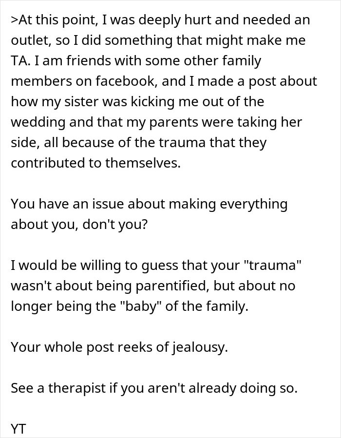 Woman Seeks Support After Being “Uninvited” From Sister’s Wedding, Gets Dragged Instead Woman Seeks Support After Being “Uninvited” From Sister’s Wedding, Gets Dragged Instead