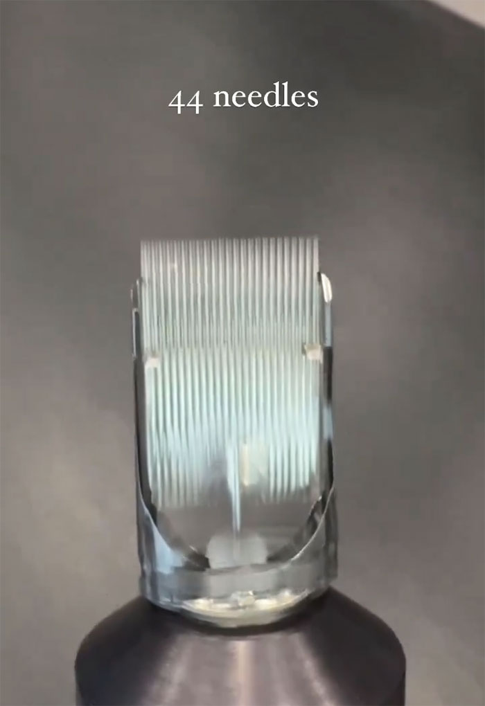 Close-up of a tattoo needle with 44 needles, related to Machine Gun Kelly's blackout tattoo. Close-up of a tattoo needle with 44 needles, related to Machine Gun Kelly's blackout tattoo.