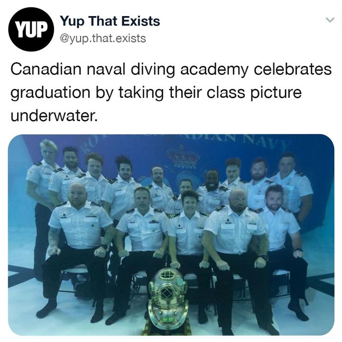 Canadian naval diving academy graduates pose for an underwater class picture showcasing weird but real things from Yup That Exists.