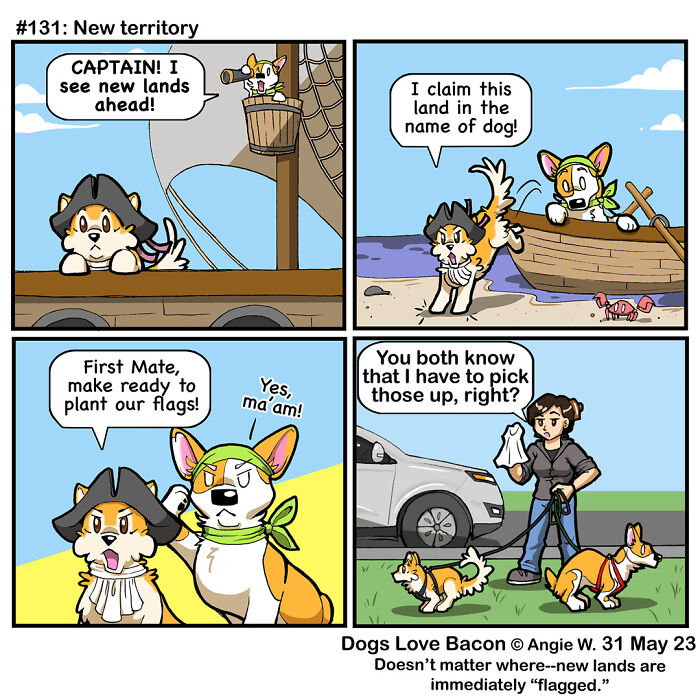 Comic showing dogs imagining new lands as pirates while owner reminds them to pick up after their pets, highlighting dog owner reality.