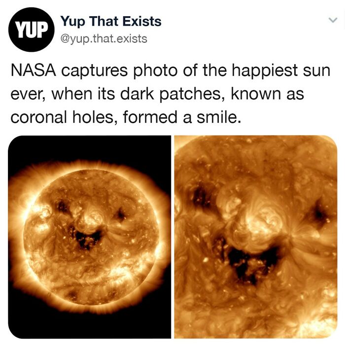 NASA photo of the sun showing dark coronal holes forming a smile, a weird but very real phenomenon featured online.