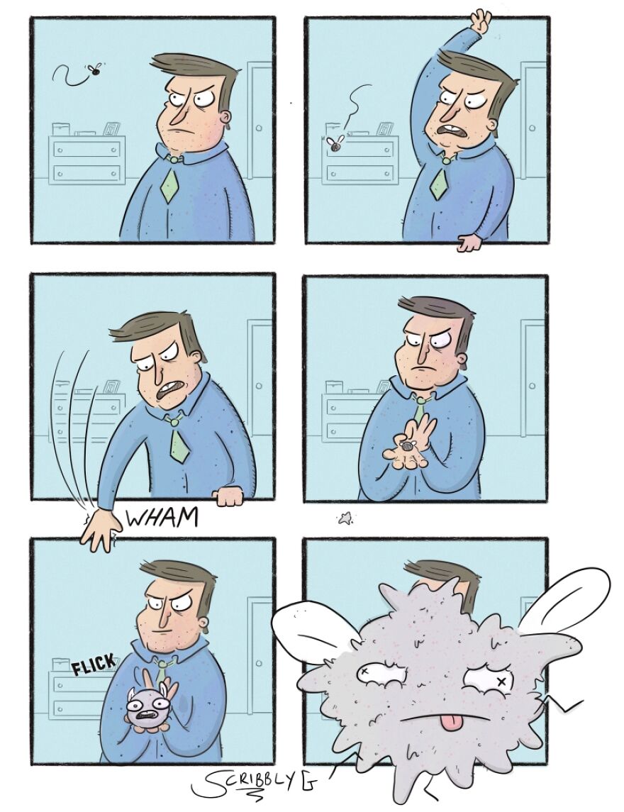 Comic strip with dark humor by Scribbly G showing a man swatting a fly that transforms into a fluffy creature.