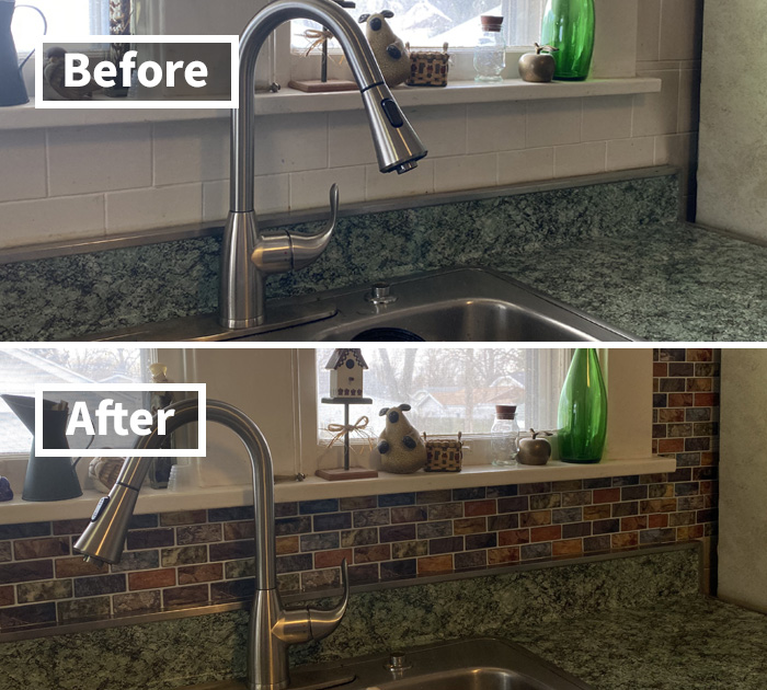 Before and after kitchen backsplash update behind sink, showing faucet with tile makeover, kitchen feel like new