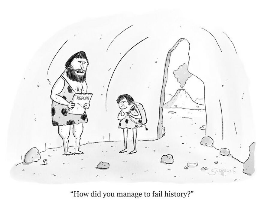 Caveman father questions child about failing history; dark humor comic by Scribbly G.