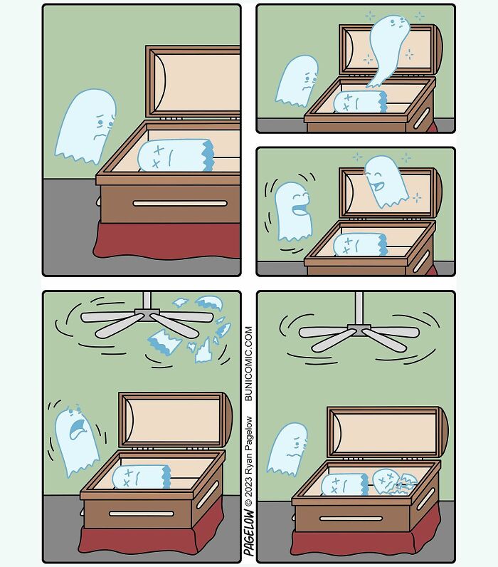 Comic with cute ghost characters showing a not-so-cute ending in a coffin with a spinning ceiling fan.