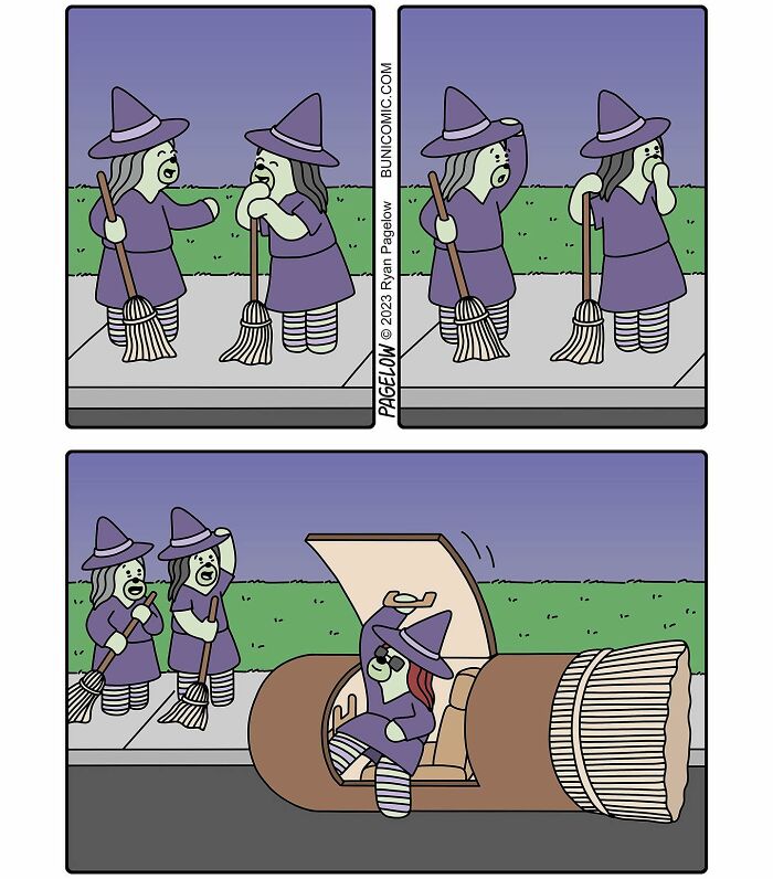 Comic strip shows cute witches with brooms, one reveals a hidden car inside a broom in a cute comic with not-so-cute endings.