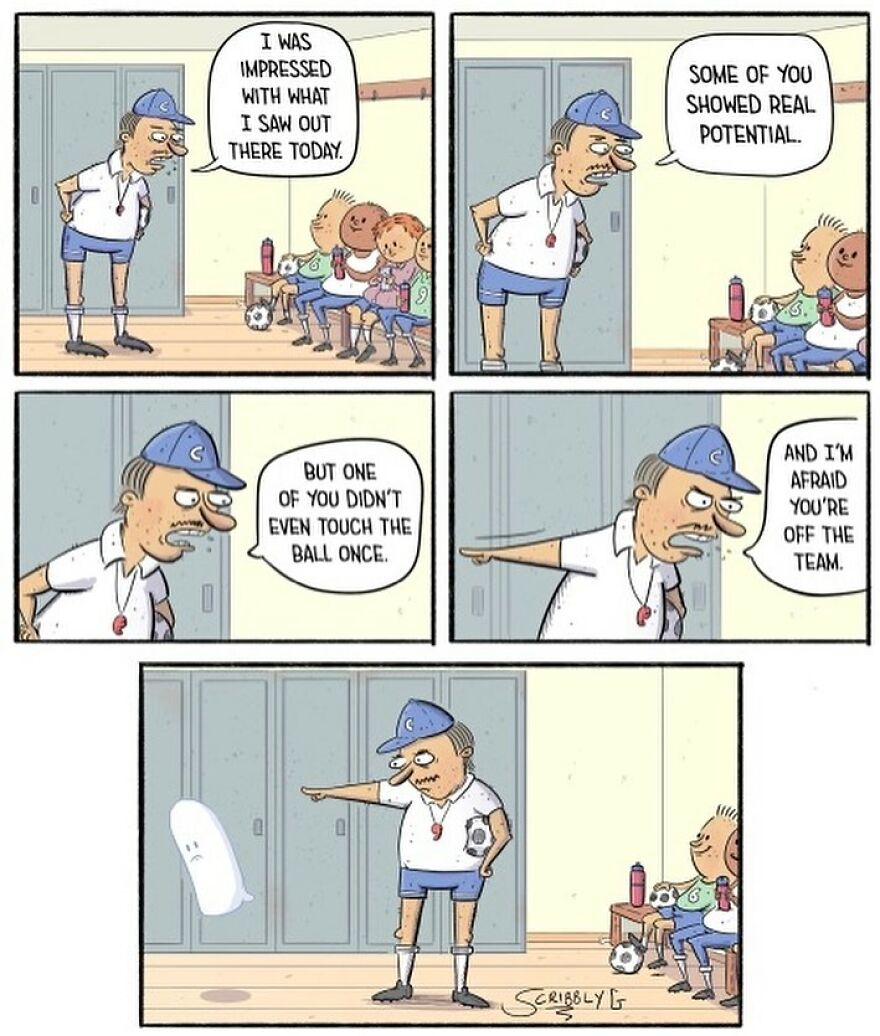 Coach talks to invisible player in locker room, demonstrating dark humor in a Scribbly G comic.