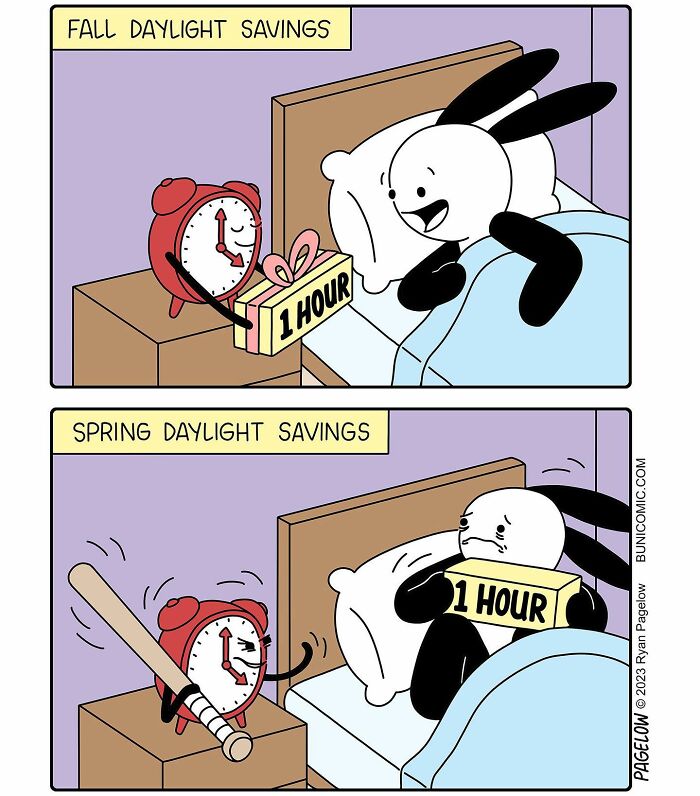 Comic illustration showing a character happily receiving an hour gift in fall and sadly losing it with a bat in spring, cute comics with dark endings.