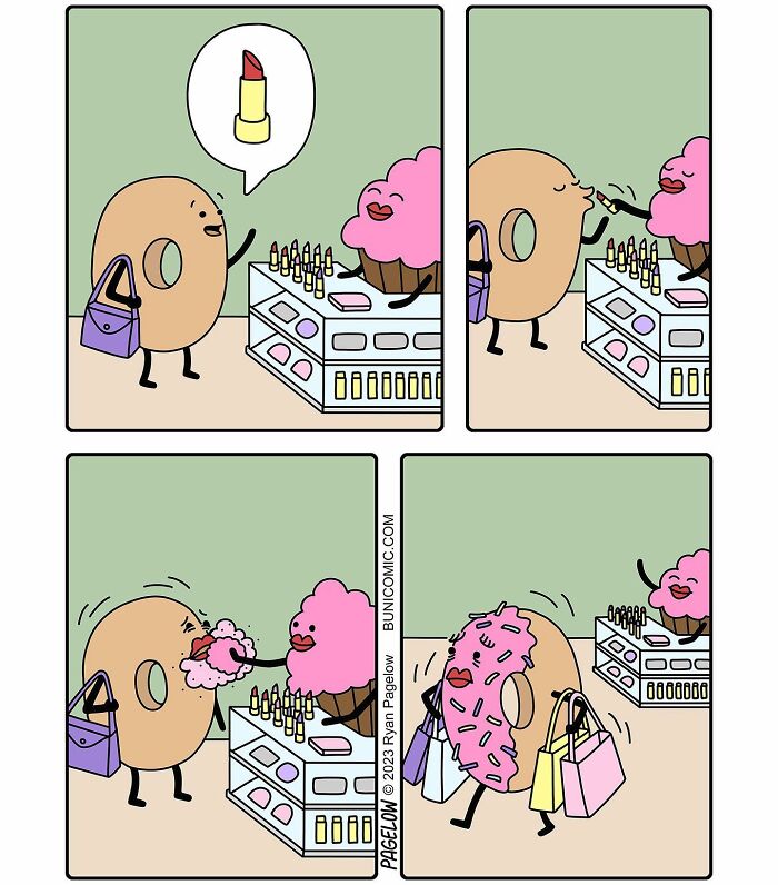Cute comic shows a donut buying lipstick from a cupcake, then getting a messy frosting makeover in a not-so-cute ending.
