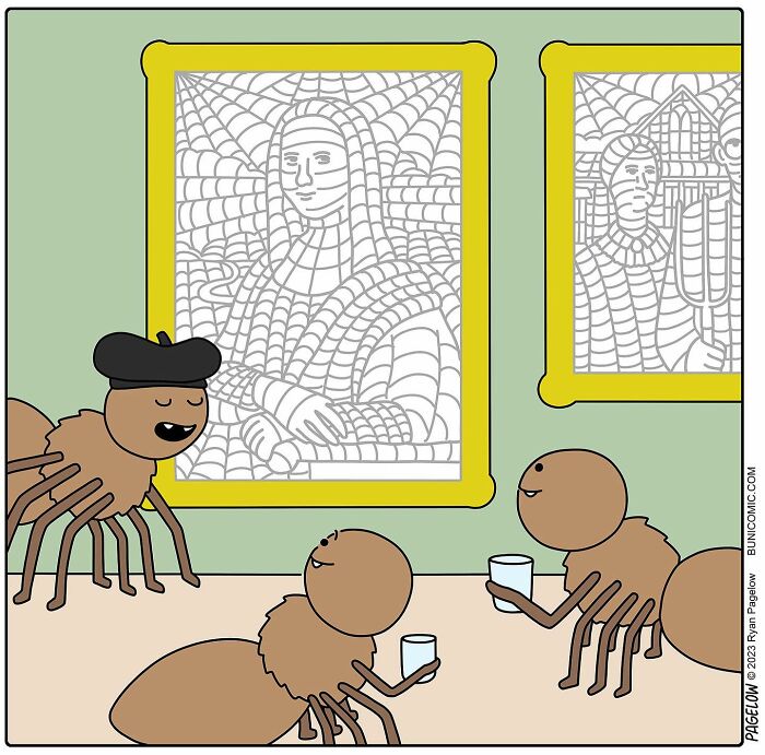 Cartoon spiders in an art gallery featuring cute comics with not-so-cute endings depicting spider web portraits.