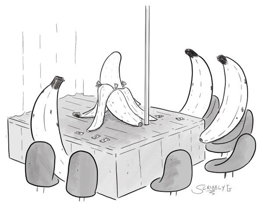 Comic by Scribbly G featuring bananas sitting at a table, one banana dancing, showcasing dark humor.