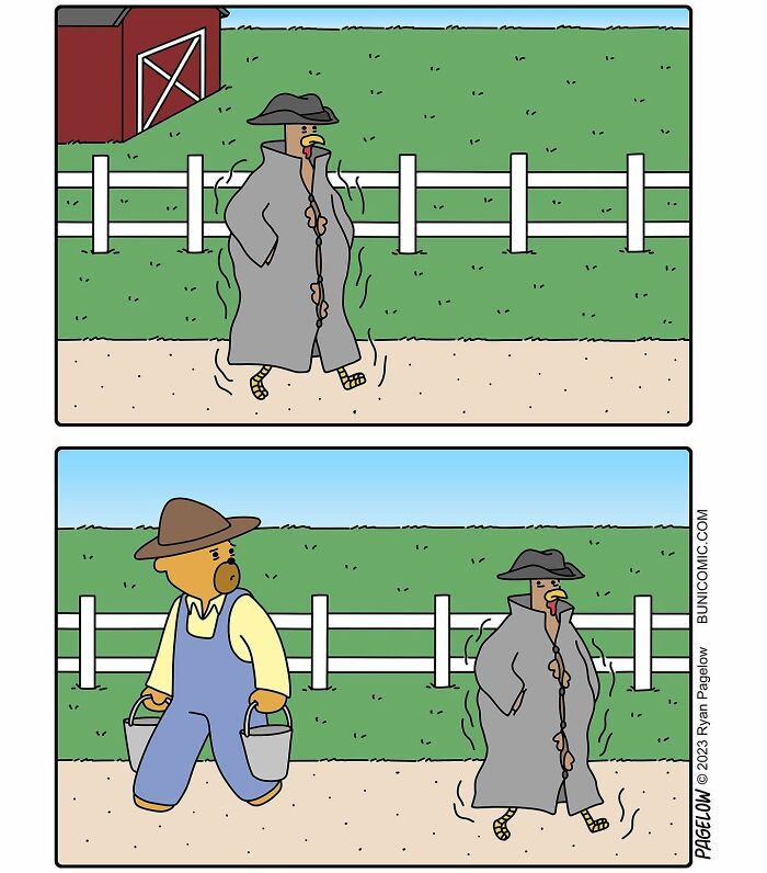 Comic showing a chicken disguised in a trench coat with not-so-cute ending in a farm setting.
