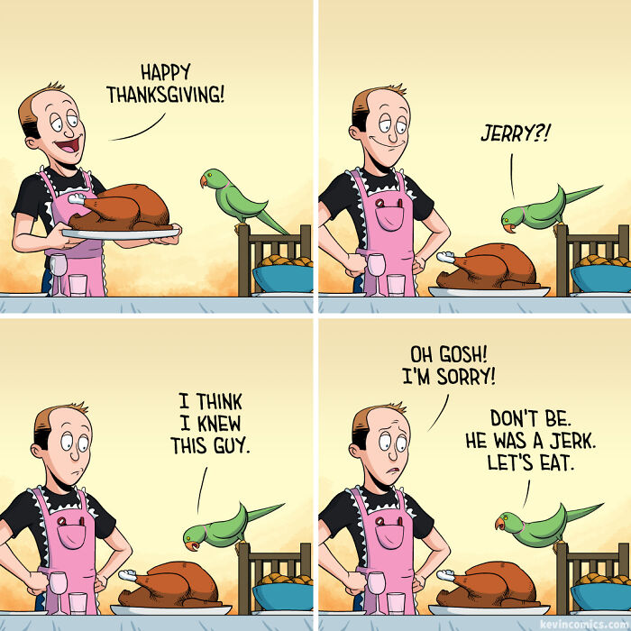 Man in a pink apron and a talking parrot share a humorous Thanksgiving moment in a relatable comic strip.