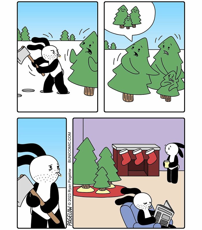 Cute comic panels show dark humor as trees worry about being chopped, revealing not-so-cute comic endings by the artist.