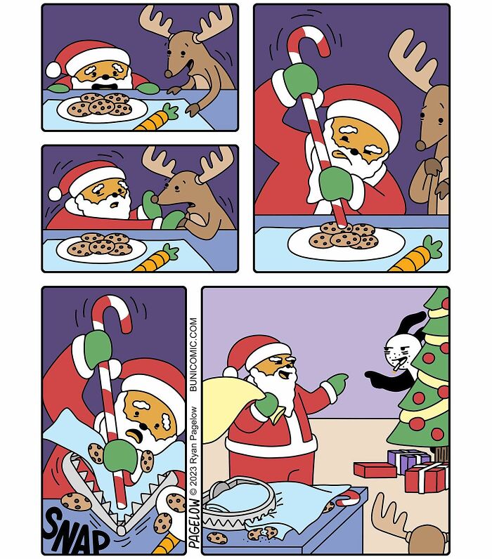 Comic panels showing a cute comic with not-so-cute endings featuring Santa, a reindeer, and a cookie trap.