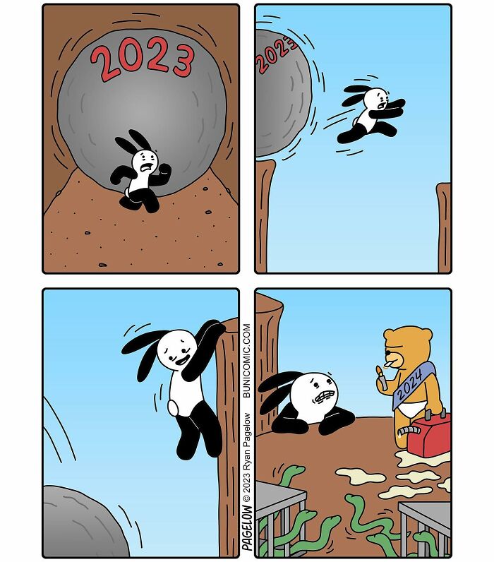 Cute comics showing a character escaping 2023 boulder only to face an uncertain 2024 with not-so-cute endings.