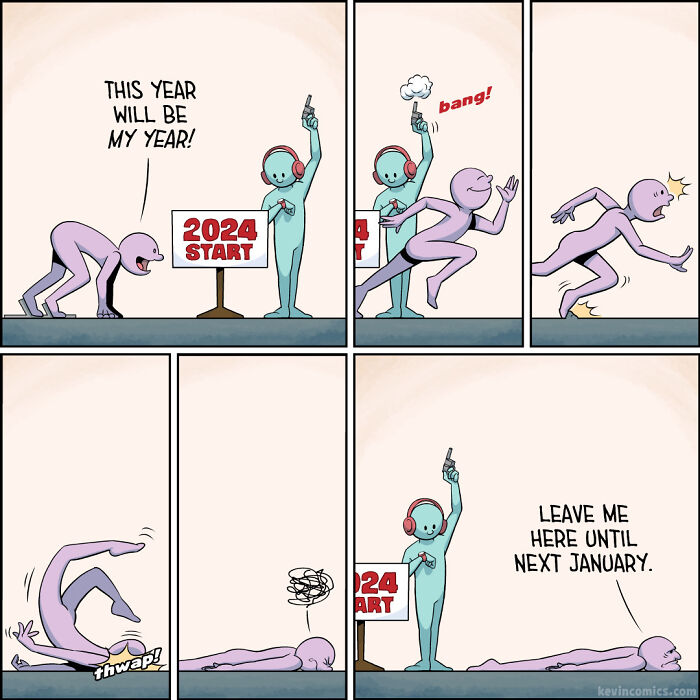 Comic strip depicting a relatable new year struggle with a character giving up and asking to be left until next January.