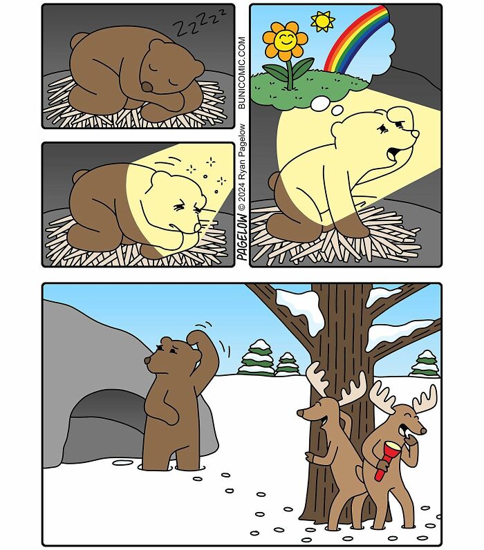 Cute comics show a bear waking from hibernation, dreaming happily, then confused by deer playing pranks in the snow.