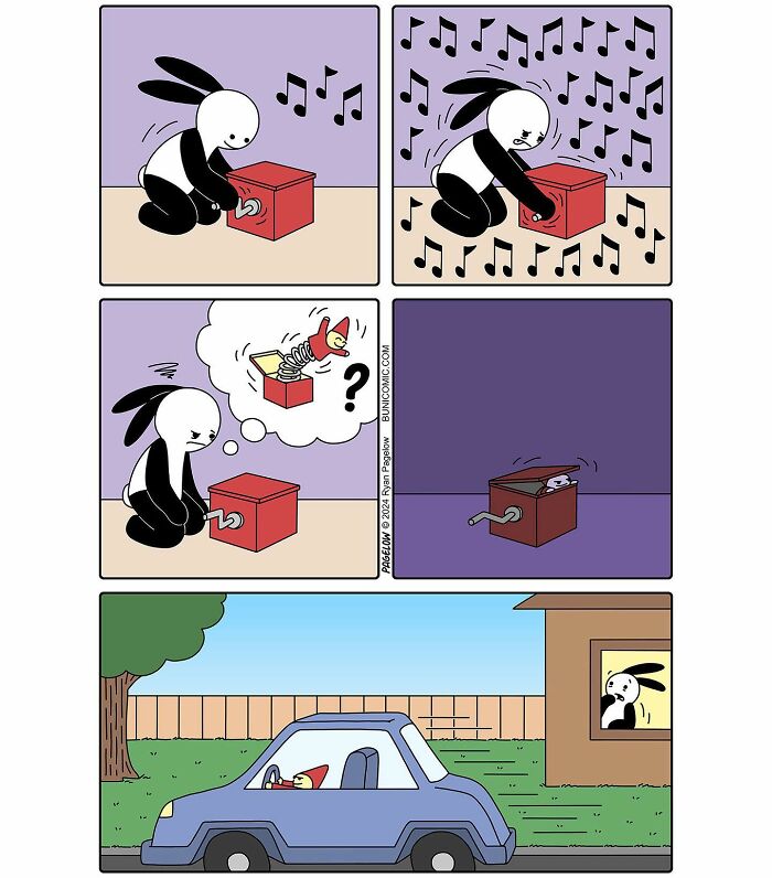 Cute comic with not-so-cute ending shows a character winding a music box and a surprise twist with a toy driving a car.