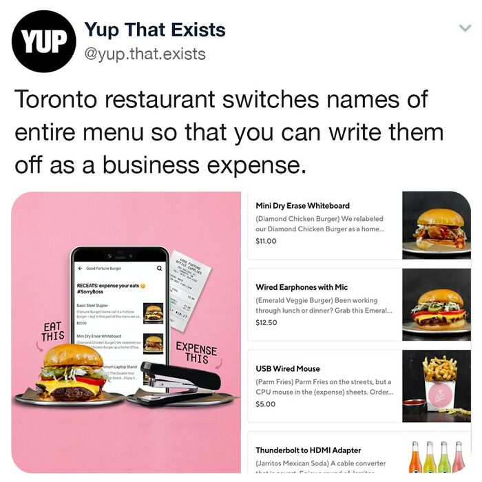 Social media post about a Toronto restaurant changing menu names for business expense write-offs.