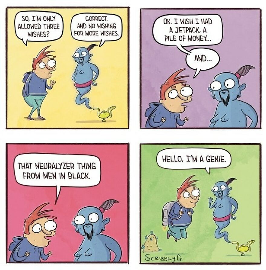 Genie grants wishes with a humorous twist in comic by Scribbly G.