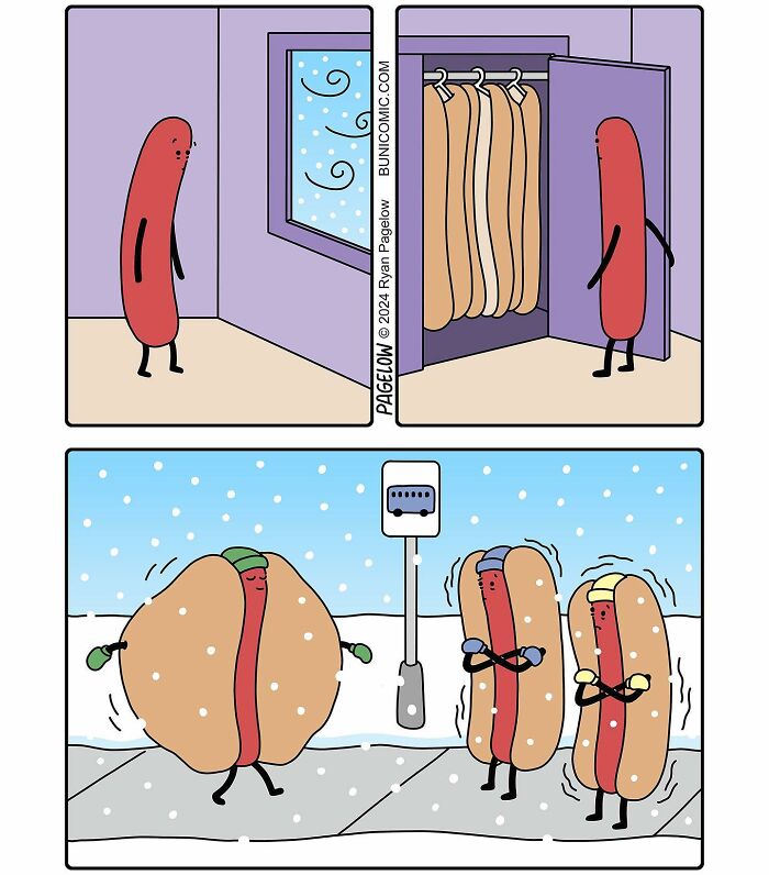 Comic strip featuring a cute hotdog character with not-so-cute endings in cold weather, illustrating artist's unique comic style.