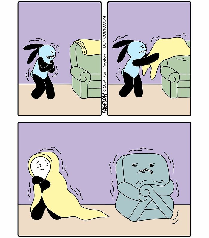 Cute comic character shivering with cold, wrapping in blanket, sitting next to an uncomfortable, shivering chair.
