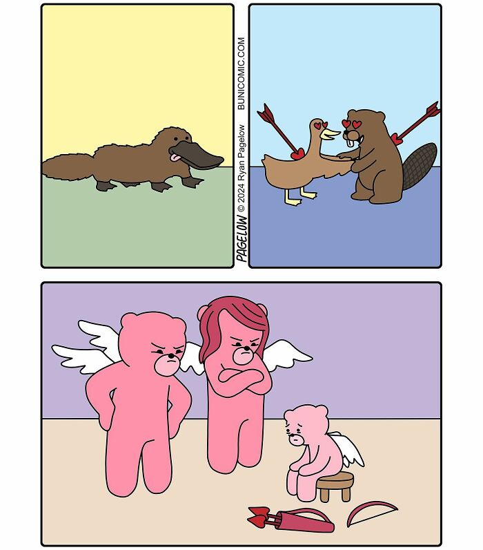 Comic panels by artist showing cute characters with not-so-cute endings in a quirky and dark humor style.