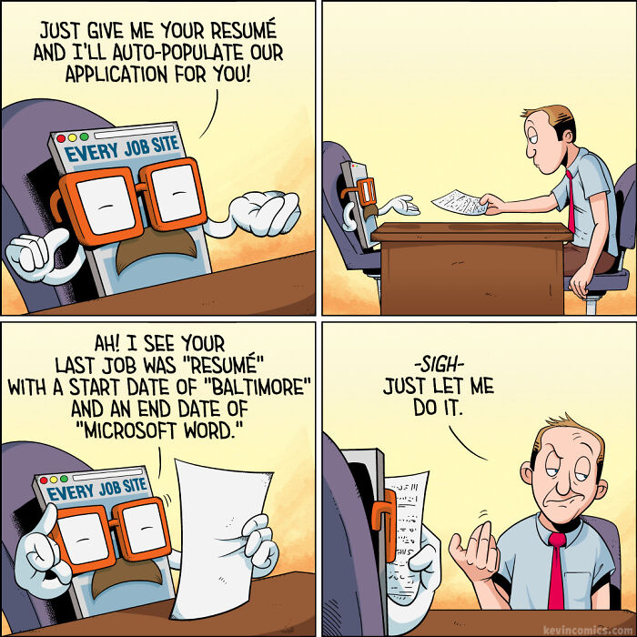 Comic strip showing a job site website character humorously struggling to auto-populate a resume application form.