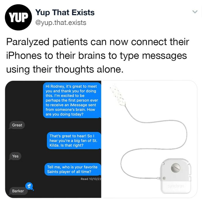 Screenshot of a tweet about paralyzed patients connecting iPhones to their brains to type messages using thoughts.