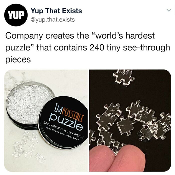 Clear tiny puzzle pieces from the world's hardest puzzle, featured in weird but very real things online post.