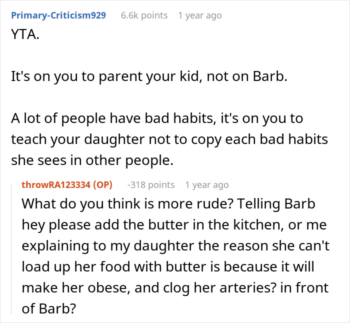 Woman Asks SIL To Stop Putting Butter On Her Food In Front Of Her Daughter