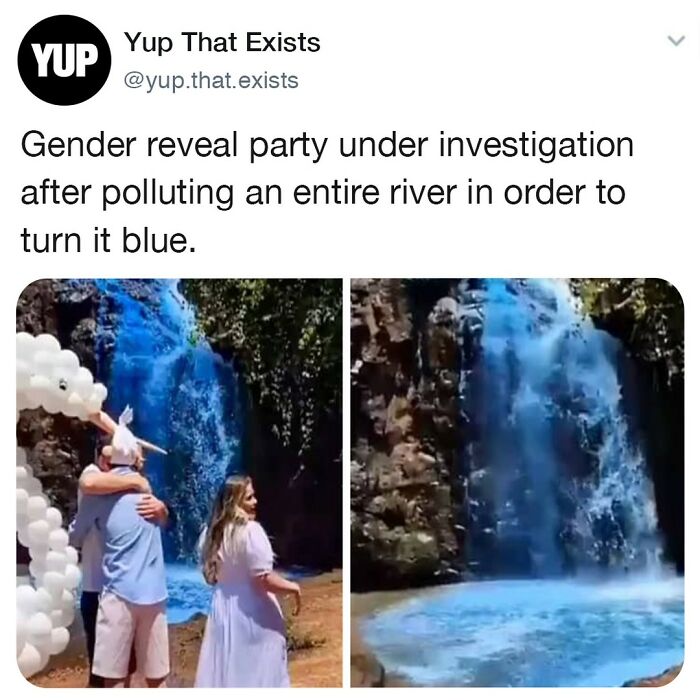 Couple celebrating gender reveal party by polluting river to turn waterfall bright blue, a weird but real event.