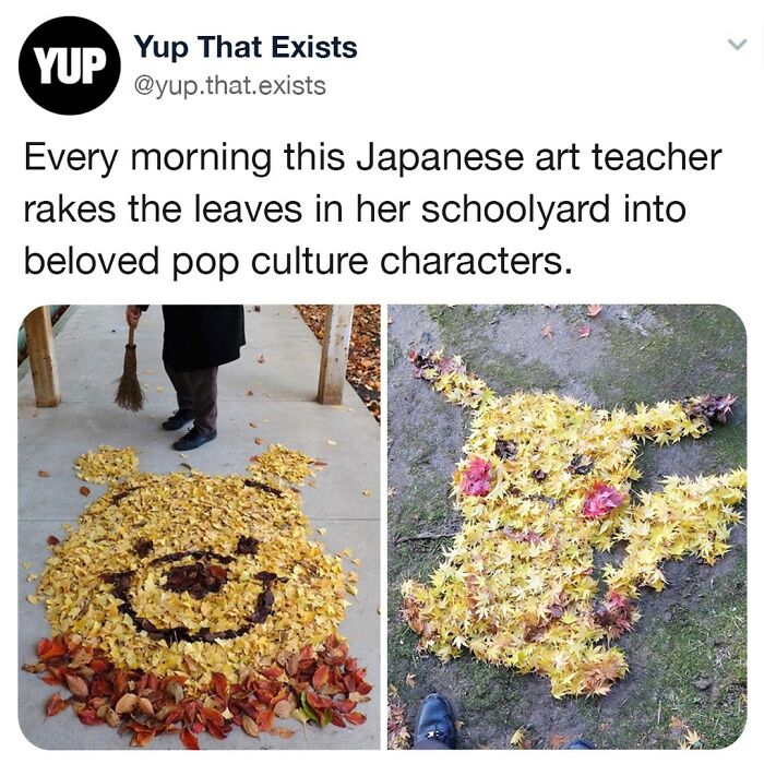 Japanese art teacher creates pop culture characters by raking leaves into detailed shapes in schoolyard, weird but real.