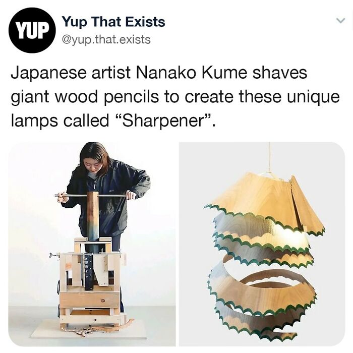 Japanese artist shaving giant wood pencils to create unique lamps called Sharpener, showcasing weird but very real creativity.