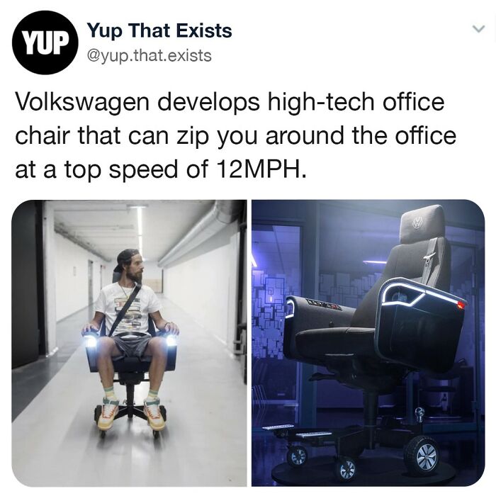 Volkswagen high-tech office chair with headlights and wheels, designed to zip around the office at 12 MPH.