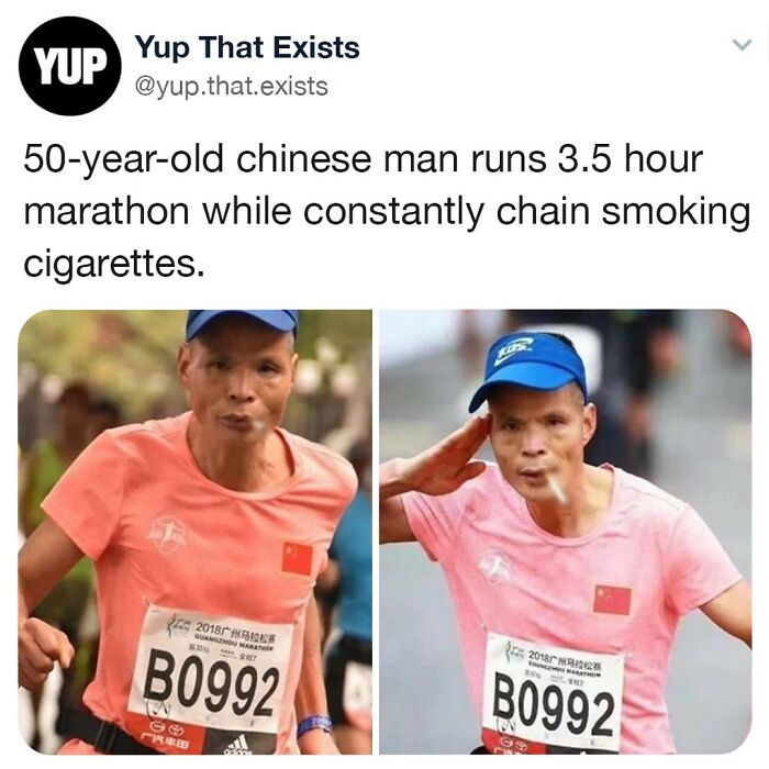 50-year-old man runs marathon while chain smoking cigarettes, showcasing a weird but very real moment from Yup That Exists.