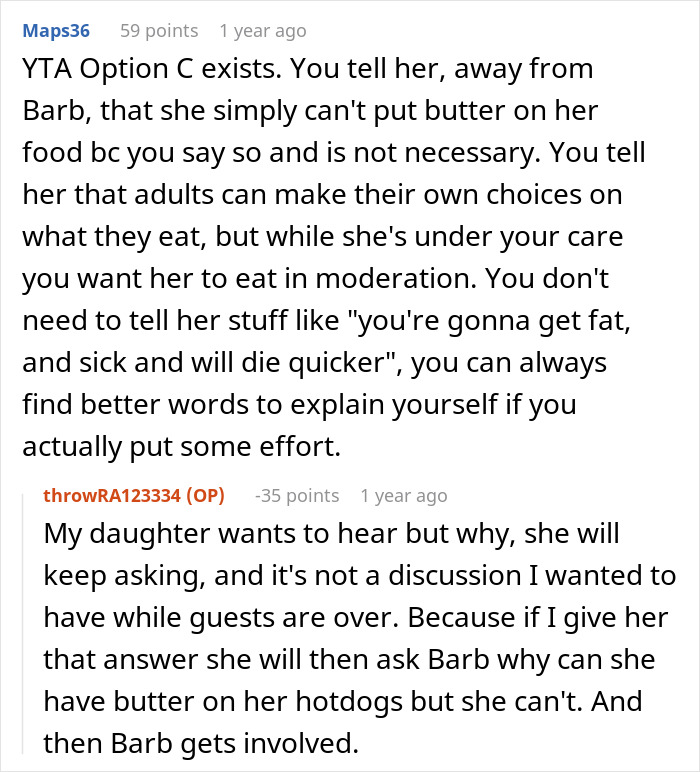 Woman Asks SIL To Stop Putting Butter On Her Food In Front Of Her Daughter